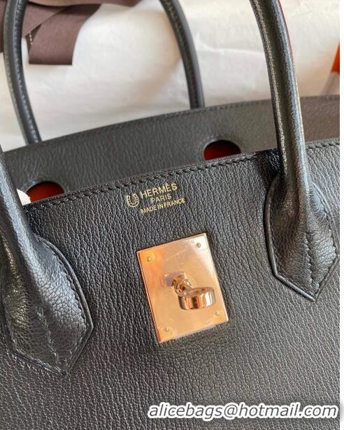 Refined Hermes Birkin 30cm Bag in Original Chevre Leather H30 Black/Orange/Pink Gold 2024 (Full Handmade)