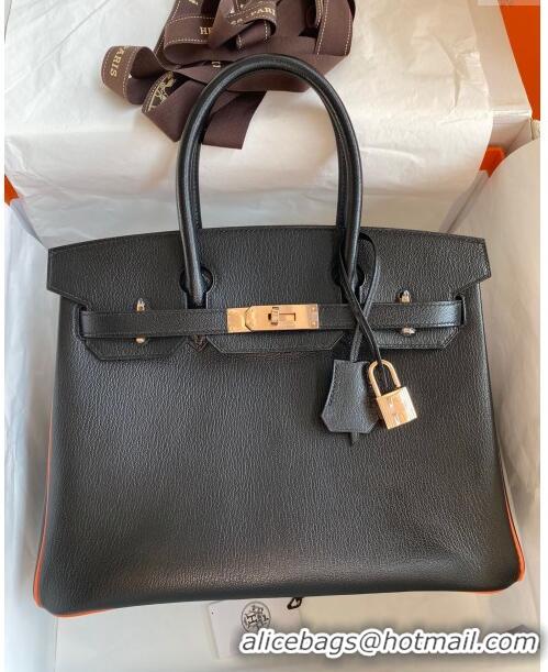 Refined Hermes Birkin 30cm Bag in Original Chevre Leather H30 Black/Orange/Pink Gold 2024 (Full Handmade)