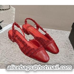 Duplicate Chanel Tweed & Calfskin Slingbacks Flat Red 423151