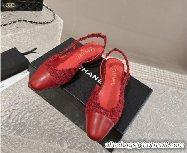 Duplicate Chanel Tweed & Calfskin Slingbacks Flat Red 423151