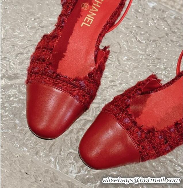 Duplicate Chanel Tweed & Calfskin Slingbacks Flat Red 423151