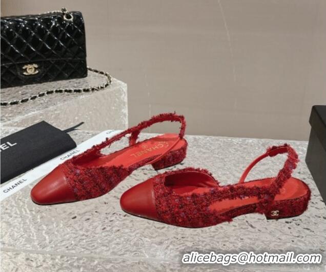 Duplicate Chanel Tweed & Calfskin Slingbacks Flat Red 423151