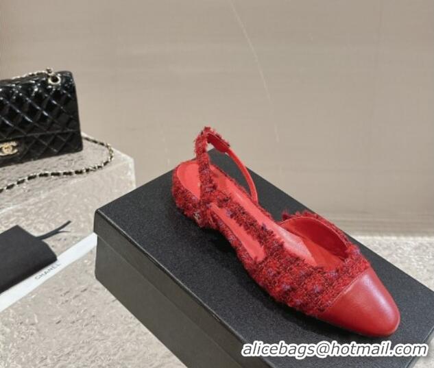 Duplicate Chanel Tweed & Calfskin Slingbacks Flat Red 423151