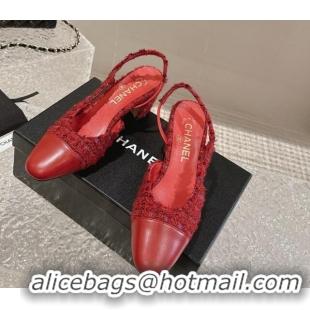 Best Price Chanel Tweed & Calfskin Leather Slingbacks Pumps 6.5cm G31318 Red 423152