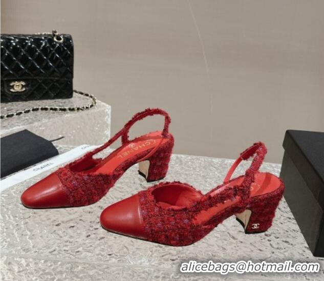 Best Price Chanel Tweed & Calfskin Leather Slingbacks Pumps 6.5cm G31318 Red 423152