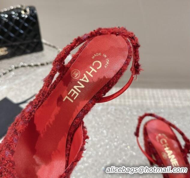 Best Price Chanel Tweed & Calfskin Leather Slingbacks Pumps 6.5cm G31318 Red 423152