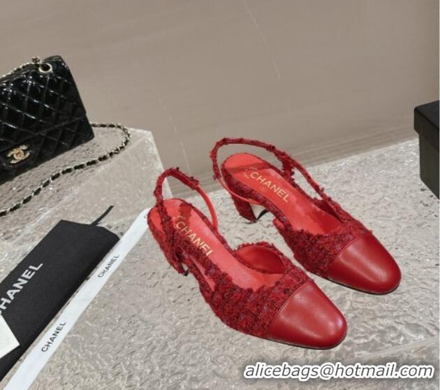 Best Price Chanel Tweed & Calfskin Leather Slingbacks Pumps 6.5cm G31318 Red 423152