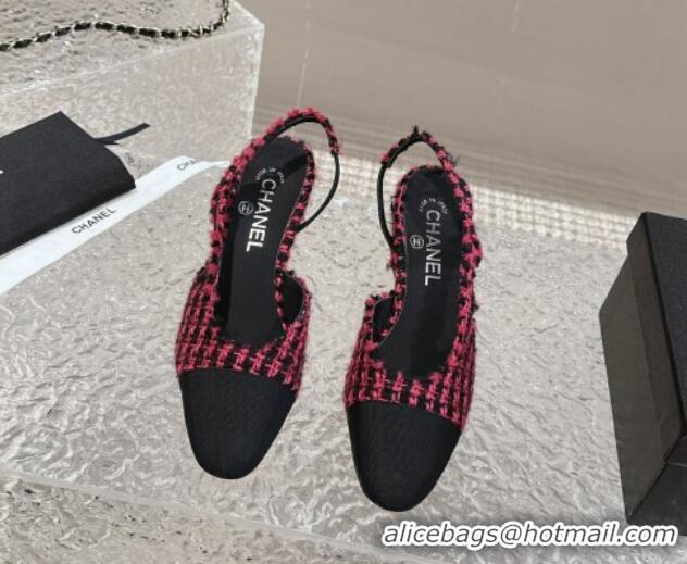 Sumptuous Chanel Tweed & Grosgrain Slingbacks Pumps 6.5cm G31318 Dark Pink 423153