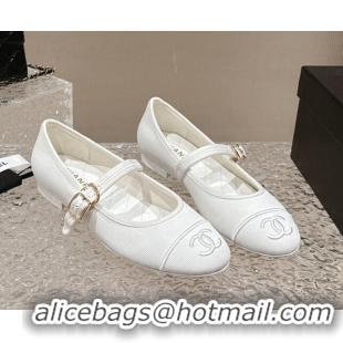 Good Quality Chanel Cotton Mary Janes Flat Ballet G45503 White 423155