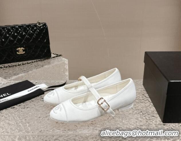 Good Quality Chanel Cotton Mary Janes Flat Ballet G45503 White 423155