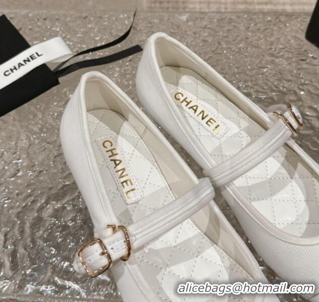 Good Quality Chanel Cotton Mary Janes Flat Ballet G45503 White 423155