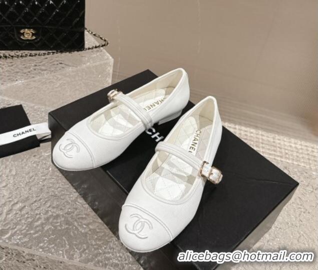 Good Quality Chanel Cotton Mary Janes Flat Ballet G45503 White 423155