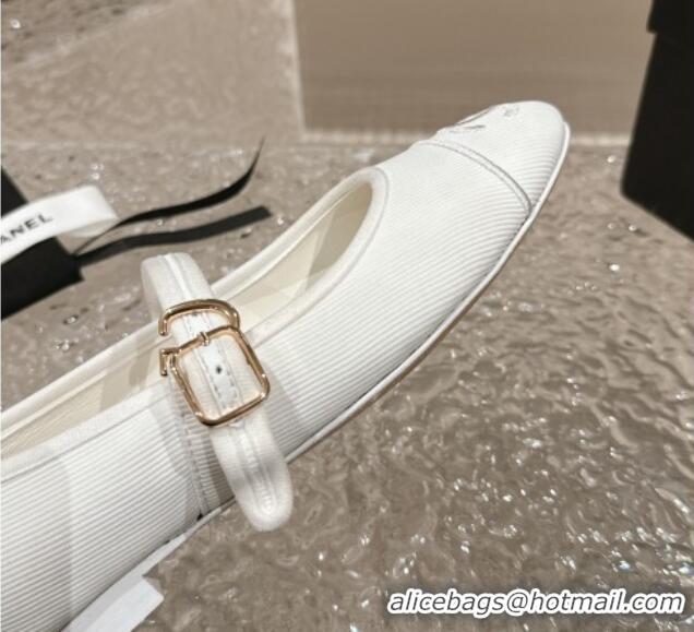 Good Quality Chanel Cotton Mary Janes Flat Ballet G45503 White 423155