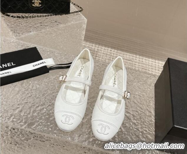 Good Quality Chanel Cotton Mary Janes Flat Ballet G45503 White 423155