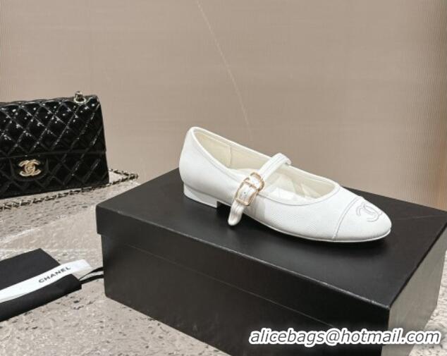 Good Quality Chanel Cotton Mary Janes Flat Ballet G45503 White 423155