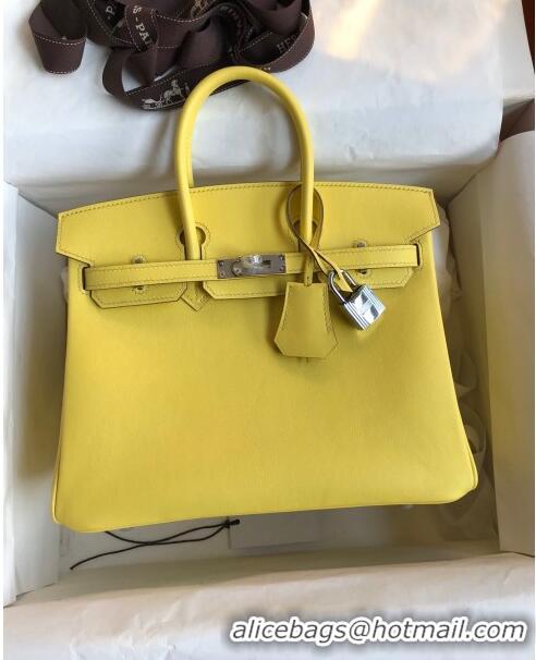 Top Grade Hermes Birkin 35cm Bag in Original Swift Leather H35 Lemon Yellow/Silver 2024 (Full Handmade)