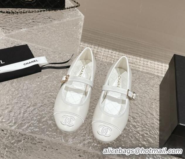 Super Quality Chanel Calfskin Mary Janes Flat Ballet G45503 White 423157