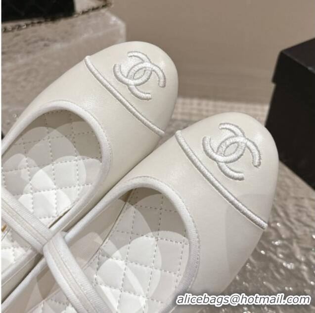 Super Quality Chanel Calfskin Mary Janes Flat Ballet G45503 White 423157