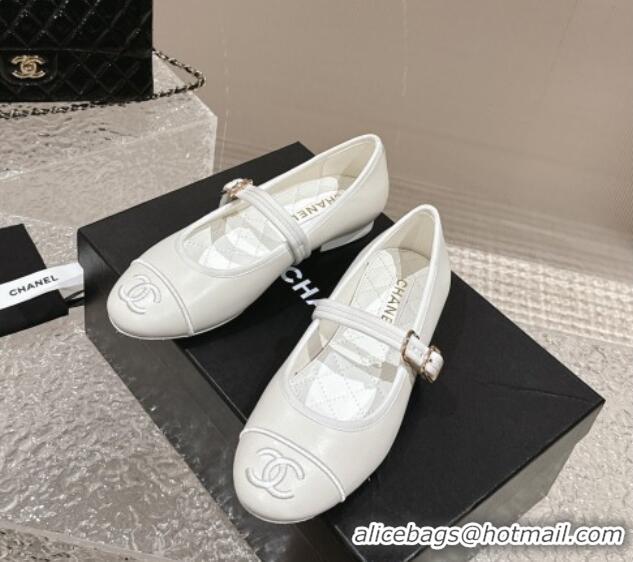 Super Quality Chanel Calfskin Mary Janes Flat Ballet G45503 White 423157