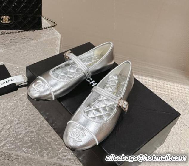 Buy Duplicate Chanel Calfskin Mary Janes Flat Ballet G45503 Silver 423158