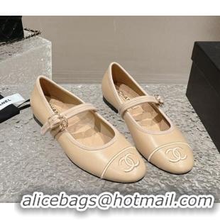 Buy Discount Chanel Calfskin Mary Janes Flat Ballet G45503 Beige 423159