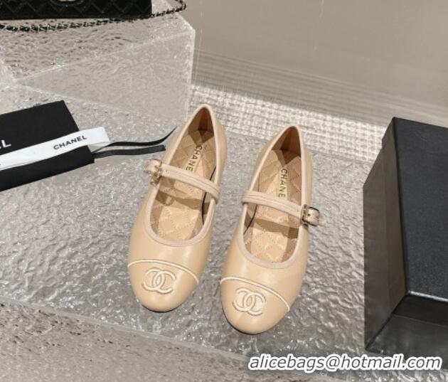 Buy Discount Chanel Calfskin Mary Janes Flat Ballet G45503 Beige 423159