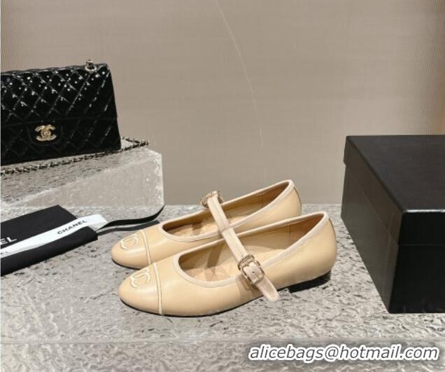 Buy Discount Chanel Calfskin Mary Janes Flat Ballet G45503 Beige 423159