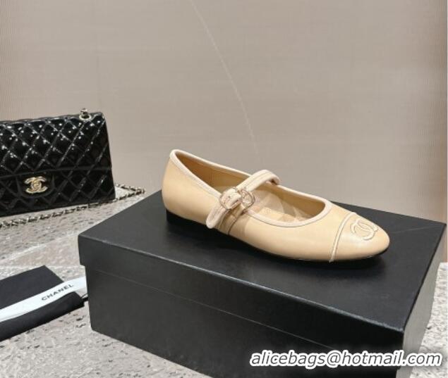 Buy Discount Chanel Calfskin Mary Janes Flat Ballet G45503 Beige 423159