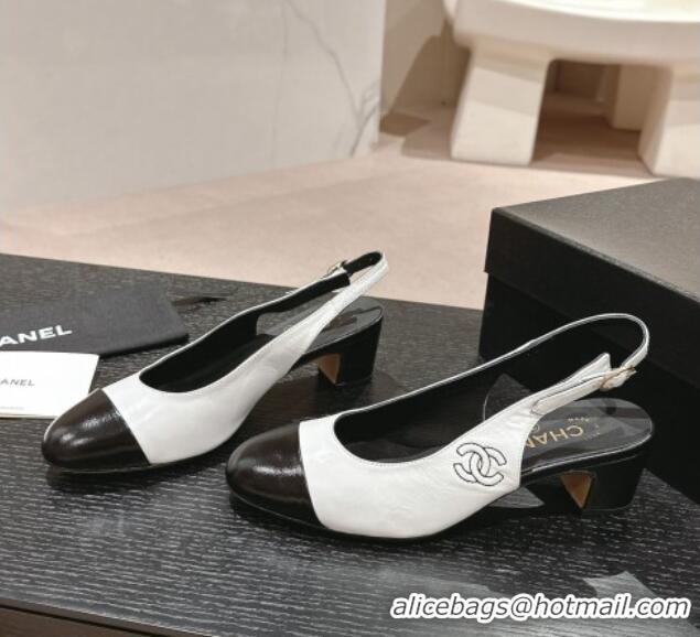 Classic Practical Chanel Calfskin Slingback Pumps 5cm with Side CC G45566 White/Black 424001