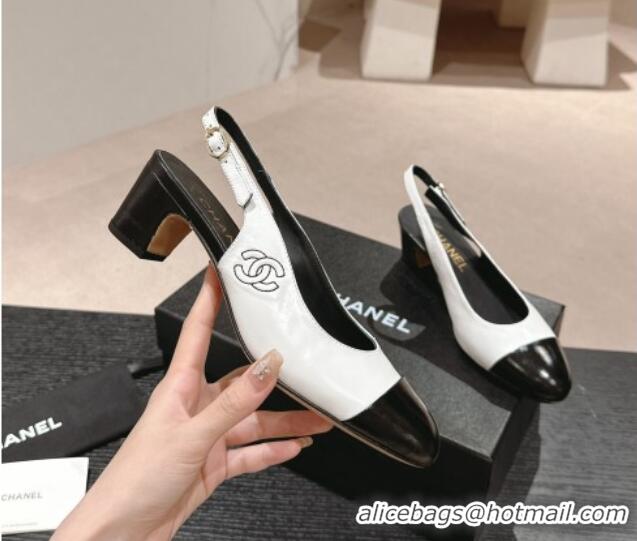 Classic Practical Chanel Calfskin Slingback Pumps 5cm with Side CC G45566 White/Black 424001