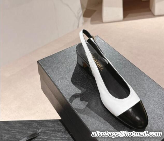 Classic Practical Chanel Calfskin Slingback Pumps 5cm with Side CC G45566 White/Black 424001