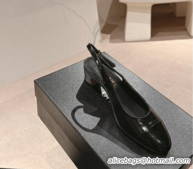 Sophisticated Chanel Calfskin Slingback Pumps 5cm with Side CC G45566 Shiny Black 424003