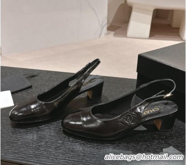 Sophisticated Chanel Calfskin Slingback Pumps 5cm with Side CC G45566 Shiny Black 424003