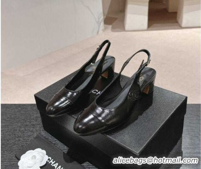 Sophisticated Chanel Calfskin Slingback Pumps 5cm with Side CC G45566 Shiny Black 424003