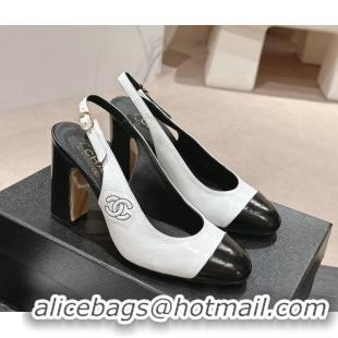 Promotion Chanel Calfskin Slingback Pumps 9cm with Side CC G45566 White/Black 0424004