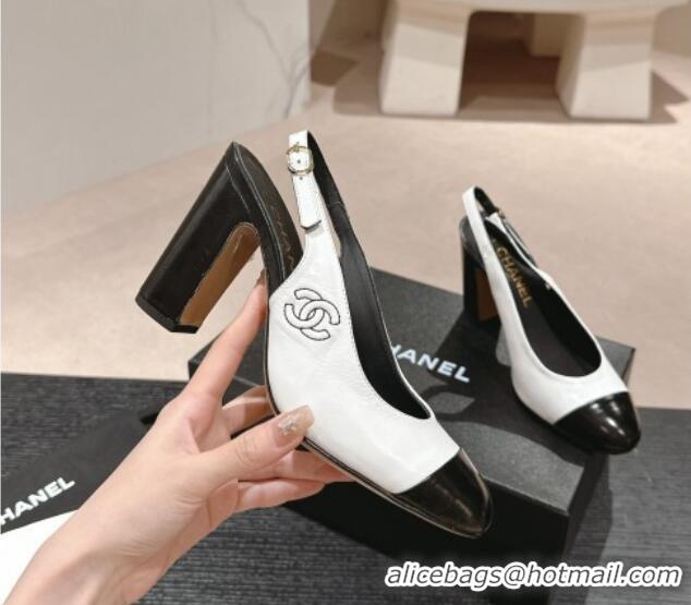 Promotion Chanel Calfskin Slingback Pumps 9cm with Side CC G45566 White/Black 0424004