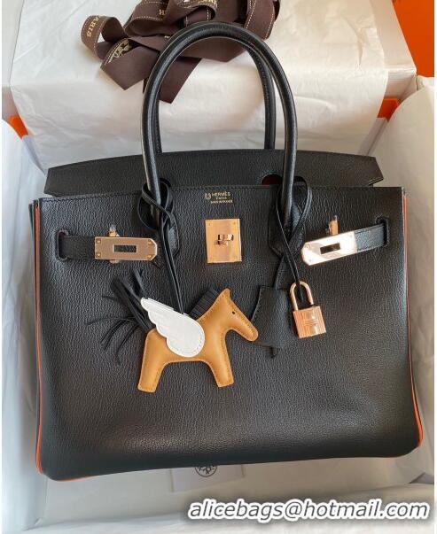 Luxurious Hermes Birkin 35cm Bag in Original Chèvre Leather H35 Black/Orange/Pink Gold 2024 (Full Handmade)