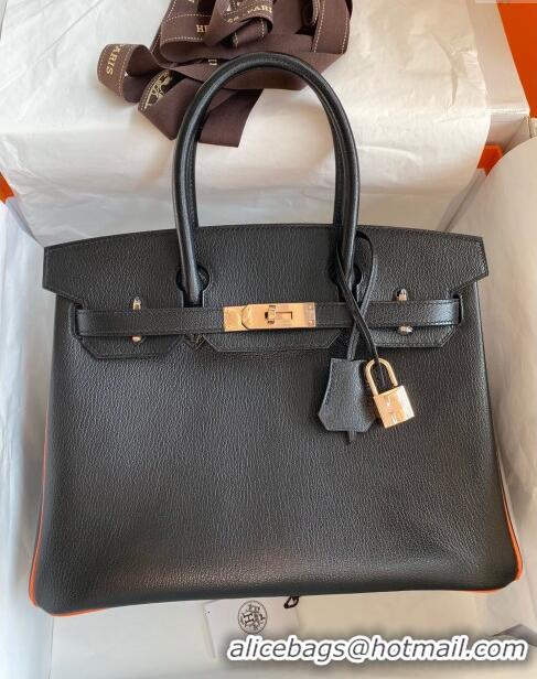 Luxurious Hermes Birkin 35cm Bag in Original Chèvre Leather H35 Black/Orange/Pink Gold 2024 (Full Handmade)