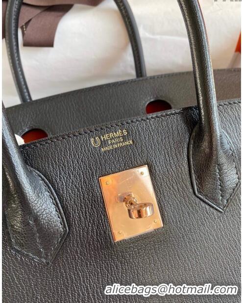 Luxurious Hermes Birkin 35cm Bag in Original Chèvre Leather H35 Black/Orange/Pink Gold 2024 (Full Handmade)