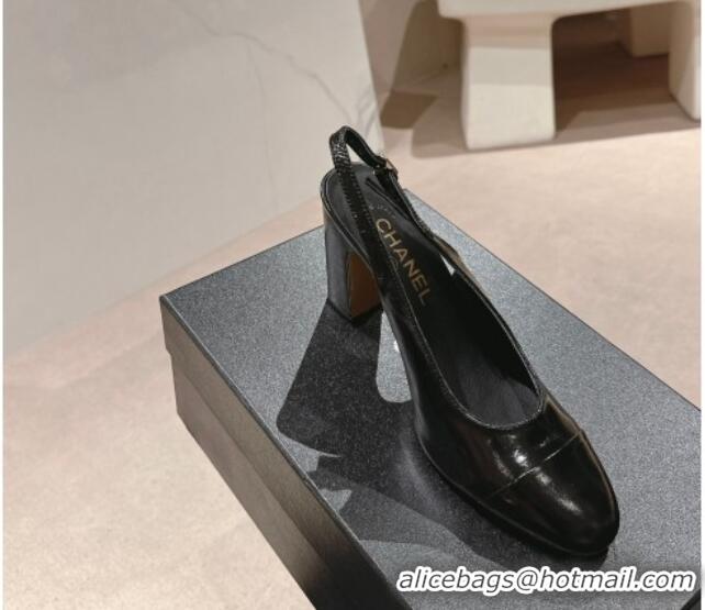 Most Popular Chanel Calfskin Slingback Pumps 9cm with Side CC G45566 Shiny Black 0424006