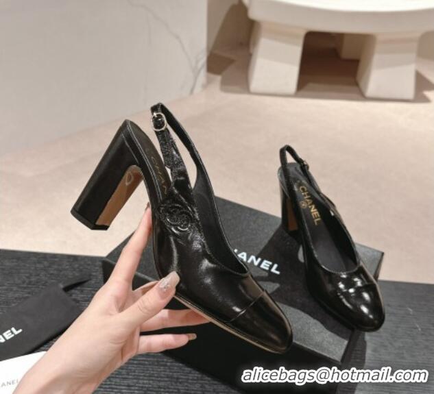 Most Popular Chanel Calfskin Slingback Pumps 9cm with Side CC G45566 Shiny Black 0424006