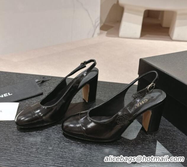 Most Popular Chanel Calfskin Slingback Pumps 9cm with Side CC G45566 Shiny Black 0424006