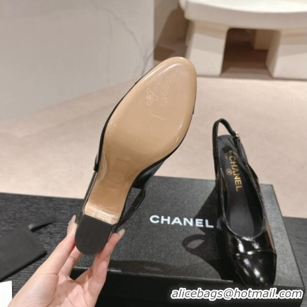 Most Popular Chanel Calfskin Slingback Pumps 9cm with Side CC G45566 Shiny Black 0424006