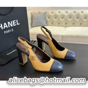 Good Product Chanel Calfskin Slingback Pumps 9cm with Side CC G45566 Yellow/Blue 424007