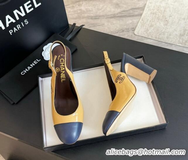 Good Product Chanel Calfskin Slingback Pumps 9cm with Side CC G45566 Yellow/Blue 424007