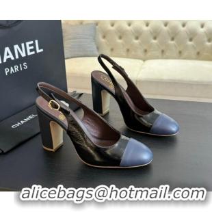 New Style Chanel Calfskin Slingback Pumps 9cm with Side CC G45566 Black/Blue 424009