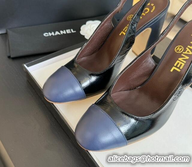 New Style Chanel Calfskin Slingback Pumps 9cm with Side CC G45566 Black/Blue 424009