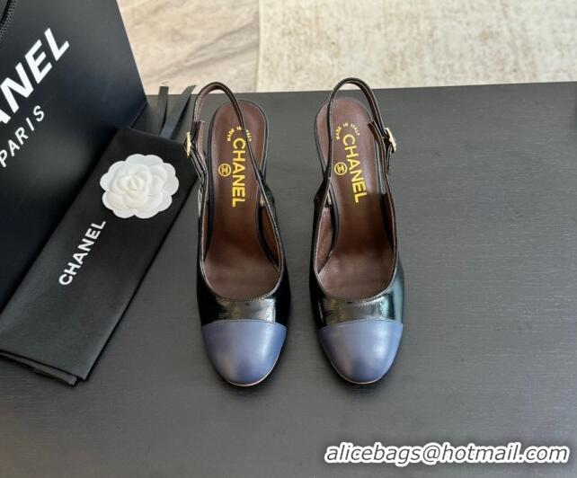 New Style Chanel Calfskin Slingback Pumps 9cm with Side CC G45566 Black/Blue 424009