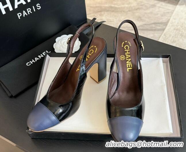 New Style Chanel Calfskin Slingback Pumps 9cm with Side CC G45566 Black/Blue 424009