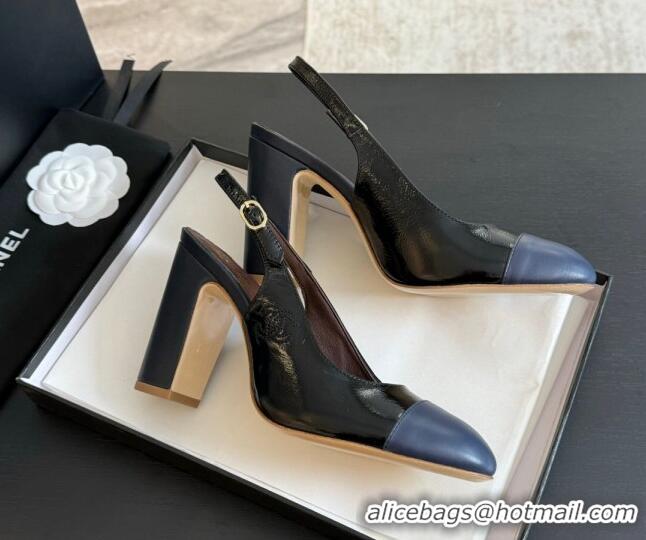 New Style Chanel Calfskin Slingback Pumps 9cm with Side CC G45566 Black/Blue 424009